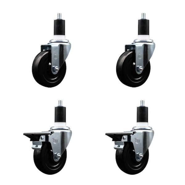 4'' Hard Rubber Wheel Swivel 1-1/2'' Expand Stem Caster Set 2 Brakes, 4PK